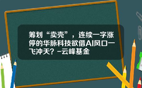 筹划“卖壳”，连续一字涨停的华脉科技欲借AI风口一飞冲天？-云峰基金