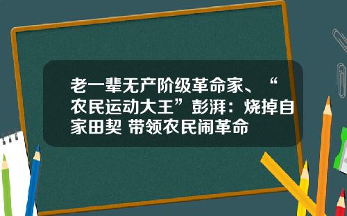 老一辈无产阶级革命家、“农民运动大王”彭湃：烧掉自家田契 带领农民闹革命